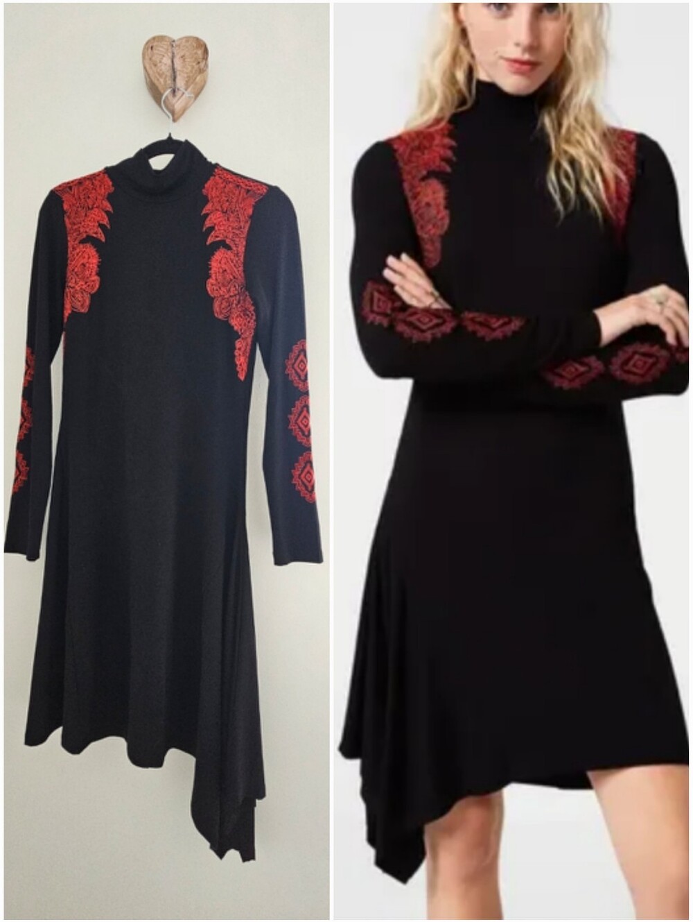 Desigual Melissa Mock Turtleneck Vibrant Embroidery Long Sleeve Hankerchief Hem